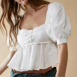 Free People Leave It To Me Babydoll Pleated Puff Sleeve White Crop Top M NEW
